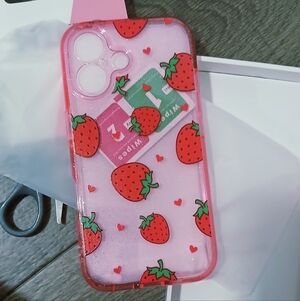 iPhone 16 Plus Strawberry Pattern Phone Case - Pink